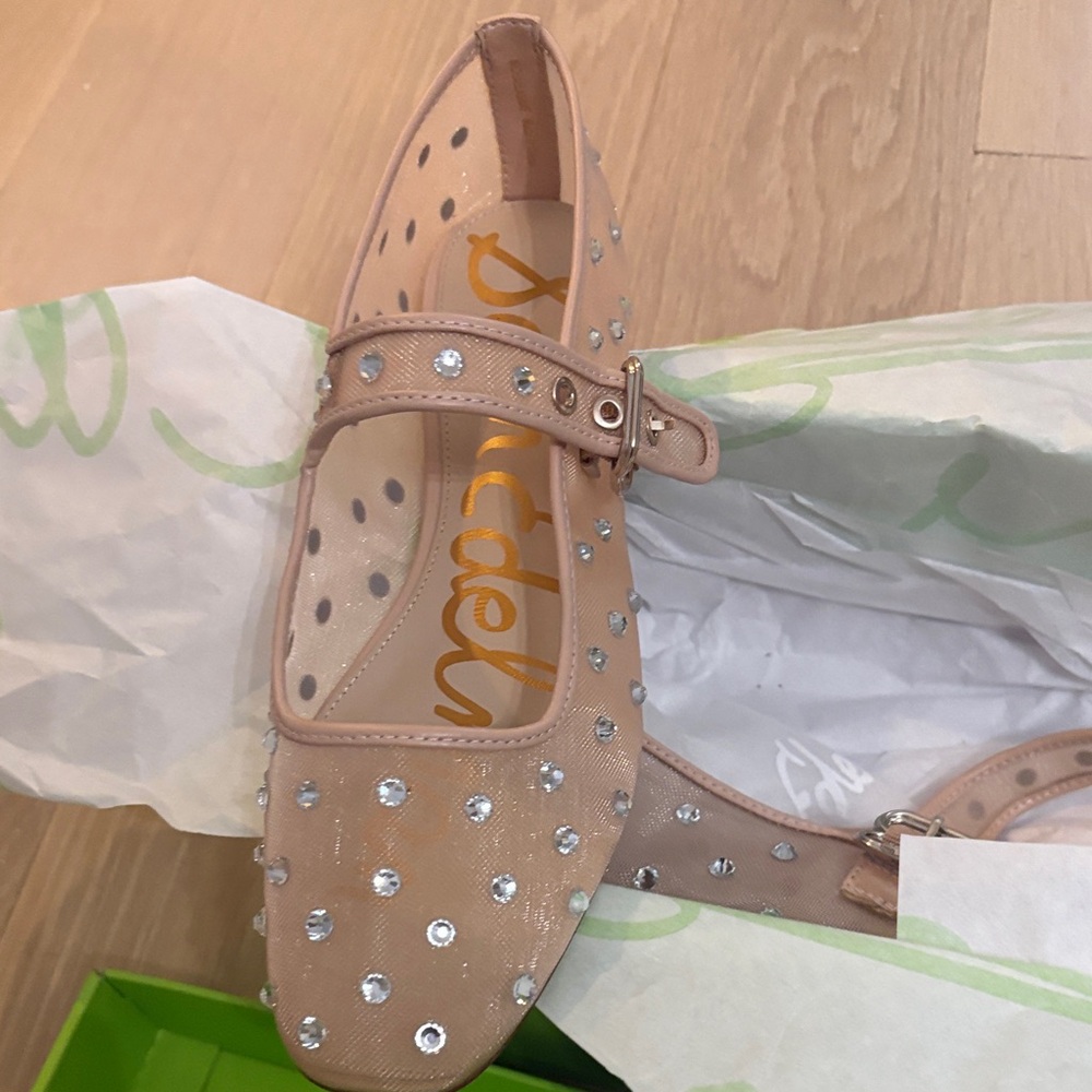 Sam Edelman Crystal-Studded Tan Mary Jane Flats